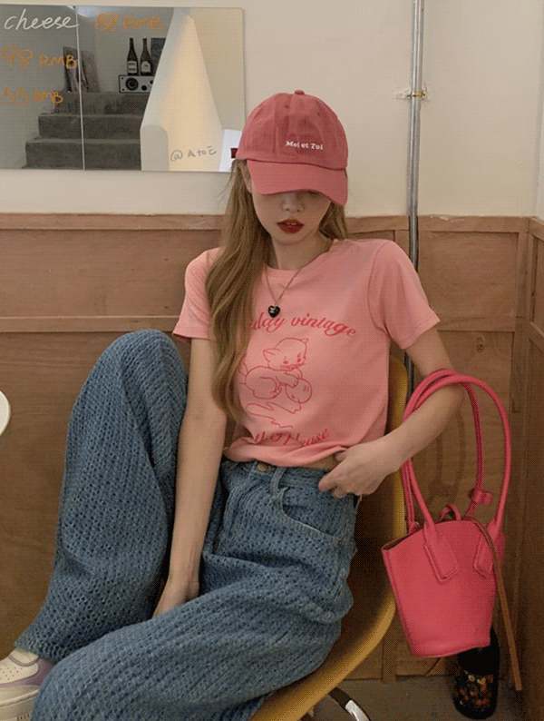 핑크캣 크롭 티셔츠 여름 반팔 나염 프린팅 숏 슬림핏 배색 래터링 기본 베이직 라운드 무지 