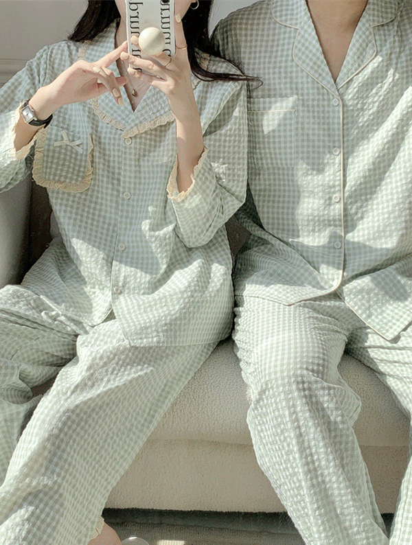 체크 파스텔 커플 잠옷 세트_V0023 봄 여름 여성 원피스잠옷 잠옷세트 파자마 수면잠옷 편안한 귀여운 깜찍한 파자마파티 홈웨어