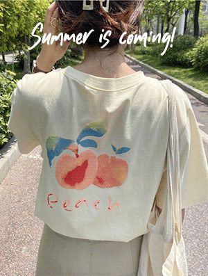 피치 나염 티셔츠 여름 반팔 프린팅 래터링 배색 라운드 루즈핏 오버핏 래글런 무지 파스텔 