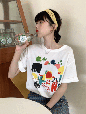 세컨 그림낙서 반팔 티셔츠 여름 나염 프린팅 래터링 배색 라운드 기본 베이직 루즈핏 오버핏 