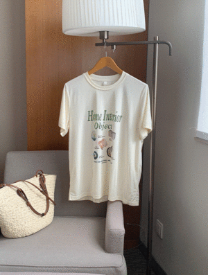 인테리어 반팔 티셔츠 여름 나염 프린팅 래터링 배색 루즈핏 라운드 기본 베이직