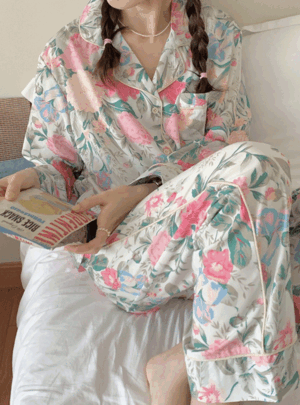 로일드 플라워 잠옷세트 봄 여름 여성 원피스잠옷 잠옷세트 파자마 수면잠옷 편안한 귀여운 깜찍한 파자마파티 홈웨어