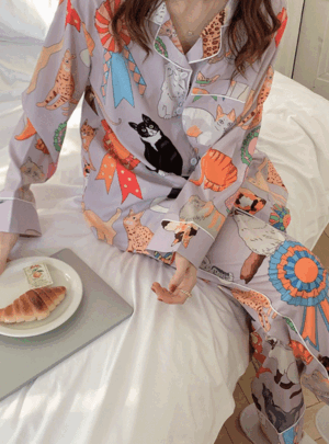 냥이 프린팅 파자마 세트 봄 여름 여성 원피스잠옷 잠옷세트 파자마 수면잠옷 편안한 귀여운 깜찍한 파자마파티 홈웨어