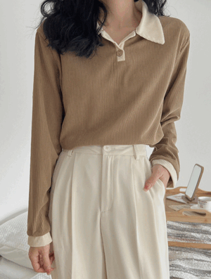 (2월초예약배송) 라시아 카라 배색 티셔츠 겨울 봄 골지 기본 베이직 레이어드 이너 