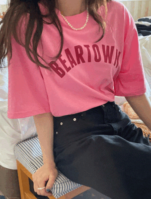 핑크 래터 라운드 티셔츠 봄 여름 반팔 나염 프린팅 루즈핏 기본 베이직 배색 데일리