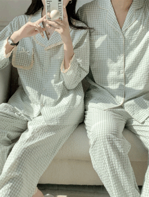 체크 파스텔 커플 잠옷 세트_V0023 봄 여름 여성 원피스잠옷 잠옷세트 파자마 수면잠옷 편안한 귀여운 깜찍한 파자마파티 홈웨어