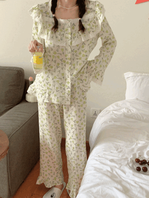 그린 튤립 원피스 잠옷 세트_V0055 봄 여름 여성 원피스잠옷 잠옷세트 파자마 수면잠옷 편안한 귀여운 깜찍한 파자마파티 홈웨어
