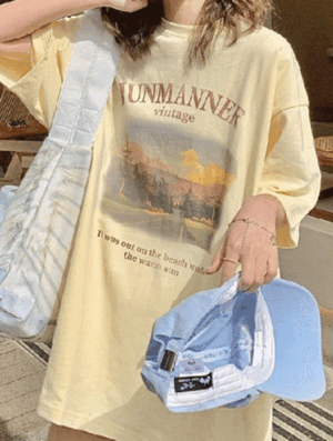 제이너 루즈핏 티셔츠  봄 여름 반팔 래터링 나염 프린팅 루즈핏 오버핏 기본 베이직 이지룩 휴양지 바캉스 여행룩